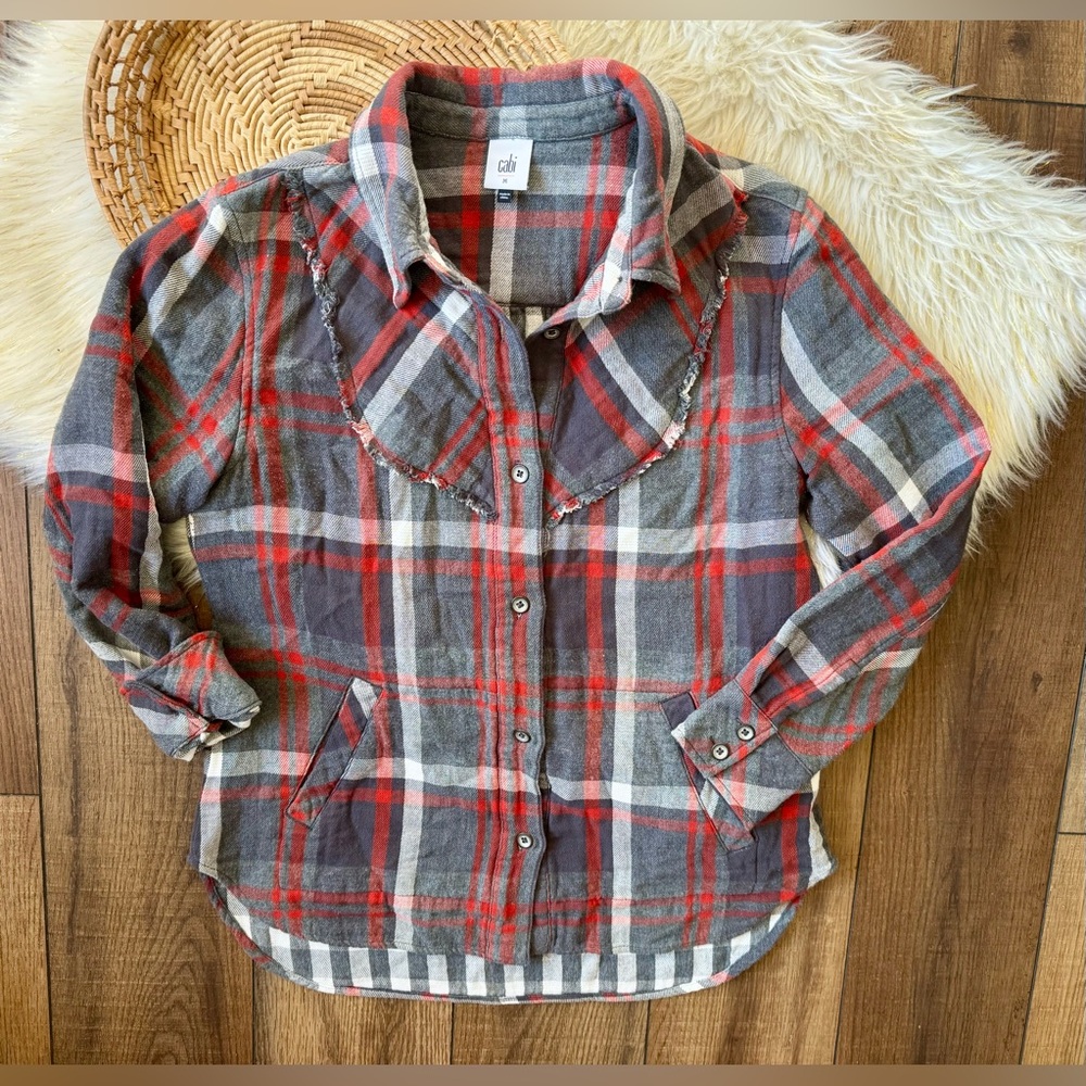 Cabi Red Gray Plaid Tavern Button Down Flannel Shirt Shacket Size Medium